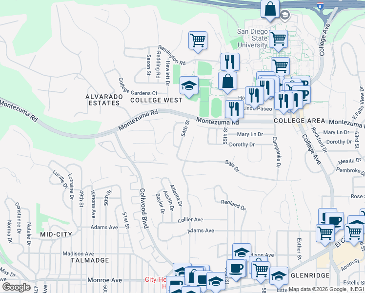 map of restaurants, bars, coffee shops, grocery stores, and more near 5014 Chaparral Way in San Diego