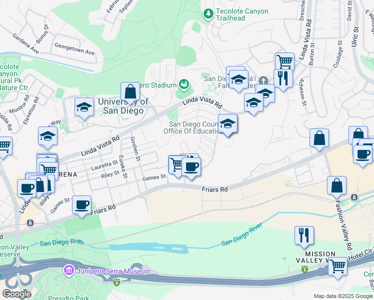 map of restaurants, bars, coffee shops, grocery stores, and more near 6273 Caminito Juanico in San Diego
