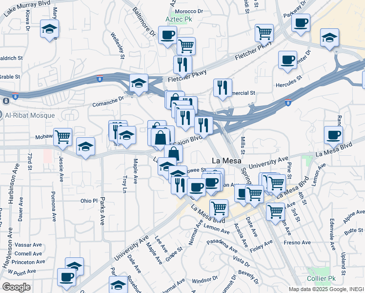 map of restaurants, bars, coffee shops, grocery stores, and more near 4979 Clearview Way in La Mesa