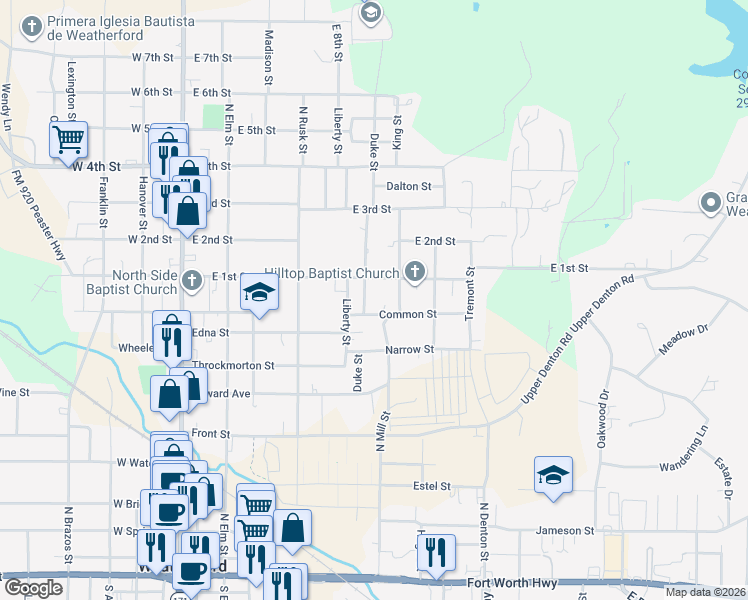 map of restaurants, bars, coffee shops, grocery stores, and more near 908 Duke Street in Weatherford