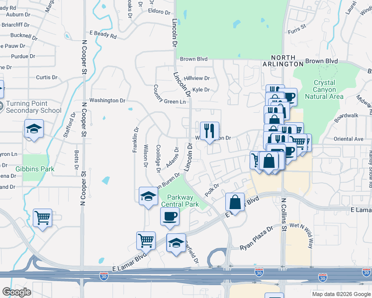 map of restaurants, bars, coffee shops, grocery stores, and more near 2125 Park Willow Lane in Arlington