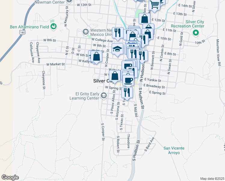 map of restaurants, bars, coffee shops, grocery stores, and more near 100 South Pinos Altos Street in Silver City