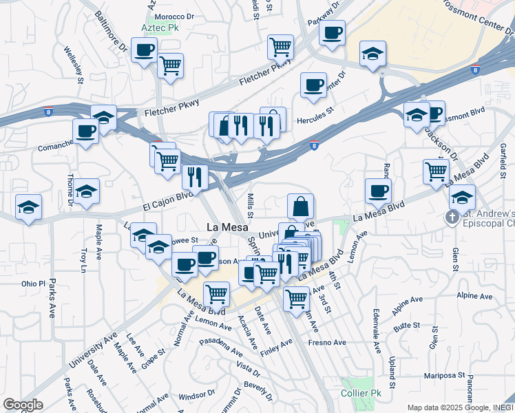 map of restaurants, bars, coffee shops, grocery stores, and more near 4926 Colina Drive in La Mesa