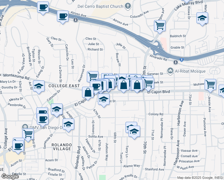 map of restaurants, bars, coffee shops, grocery stores, and more near 6818 El Cajon Boulevard in San Diego