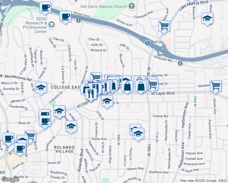 map of restaurants, bars, coffee shops, grocery stores, and more near 6766 El Cajon Boulevard in San Diego