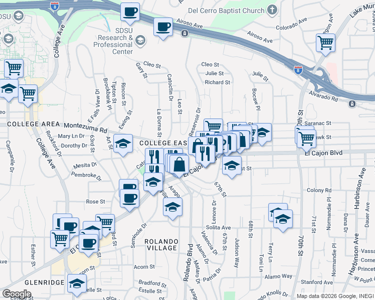 map of restaurants, bars, coffee shops, grocery stores, and more near in San Diego