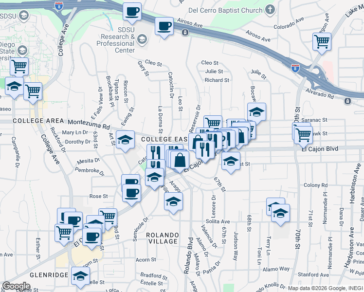 map of restaurants, bars, coffee shops, grocery stores, and more near in San Diego