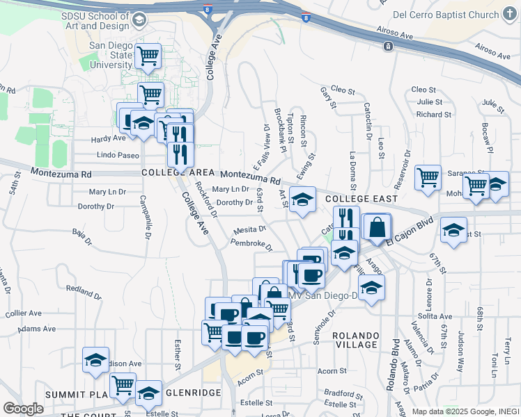 map of restaurants, bars, coffee shops, grocery stores, and more near 5011 63rd Street in San Diego