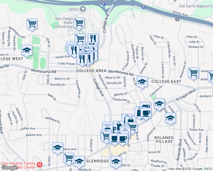 map of restaurants, bars, coffee shops, grocery stores, and more near 6105 Dorothy Drive in San Diego