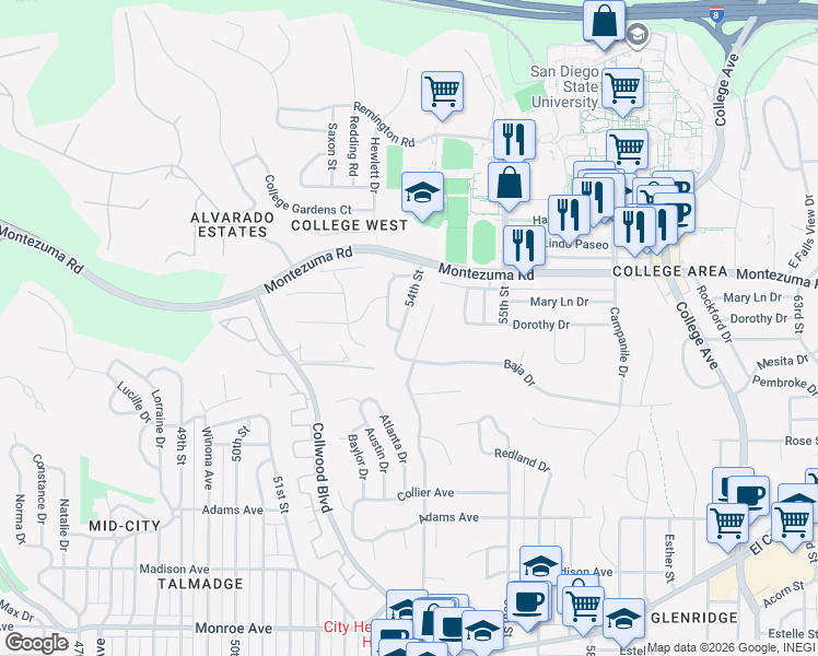 map of restaurants, bars, coffee shops, grocery stores, and more near 5014 Chaparral Way in San Diego