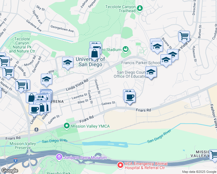 map of restaurants, bars, coffee shops, grocery stores, and more near 5978 Lauretta Street in San Diego