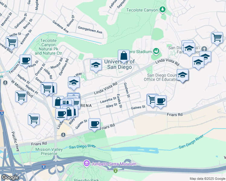 map of restaurants, bars, coffee shops, grocery stores, and more near 5725 Linda Vista Road in San Diego
