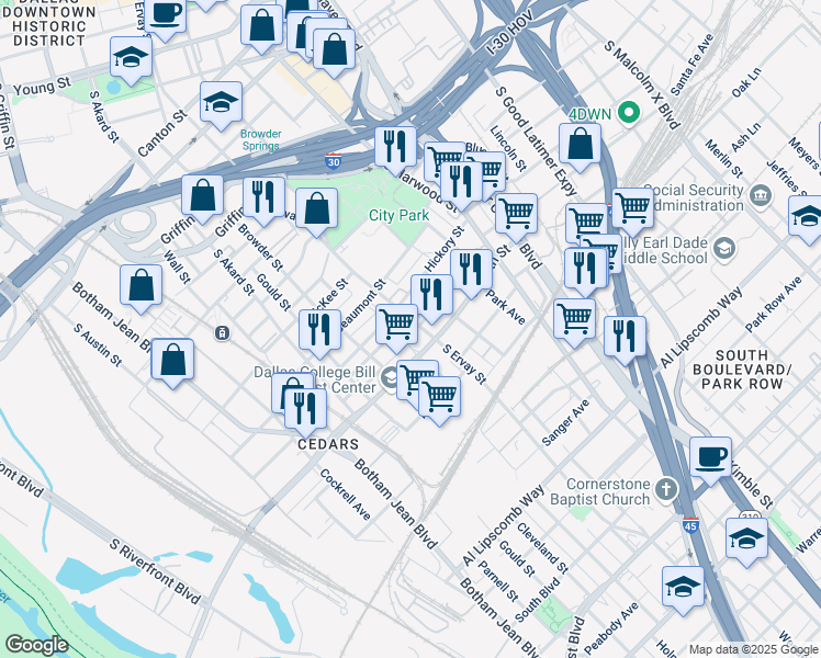 map of restaurants, bars, coffee shops, grocery stores, and more near 2007 South Ervay Street in Dallas