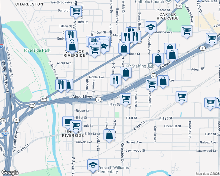 map of restaurants, bars, coffee shops, grocery stores, and more near 308 North Retta Street in Fort Worth