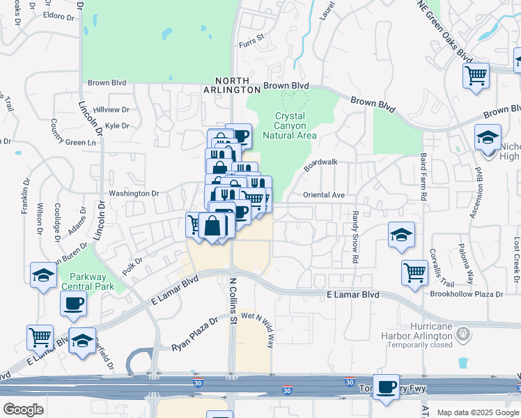 map of restaurants, bars, coffee shops, grocery stores, and more near 2131 North Collins Street in Arlington