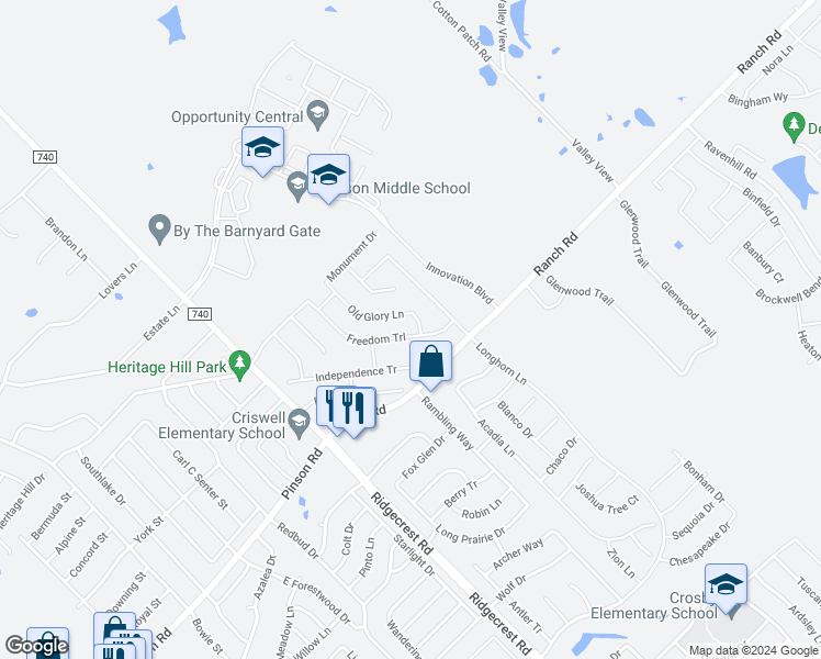 map of restaurants, bars, coffee shops, grocery stores, and more near 110 Freedom Tr in Forney