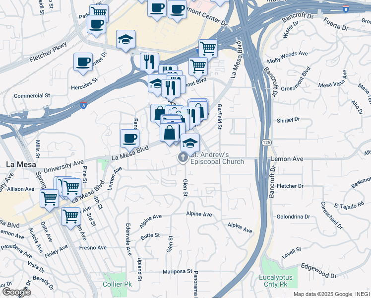 map of restaurants, bars, coffee shops, grocery stores, and more near 8711 Jefferson Avenue in La Mesa