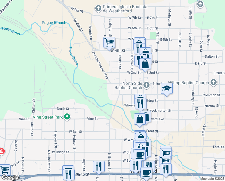 map of restaurants, bars, coffee shops, grocery stores, and more near 312 West Weatherford Street in Weatherford