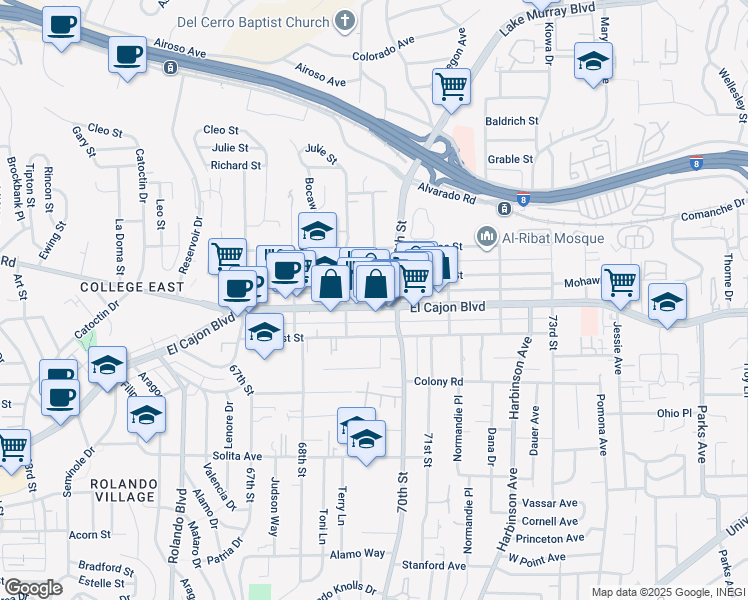 map of restaurants, bars, coffee shops, grocery stores, and more near 6956 El Cajon Boulevard in San Diego