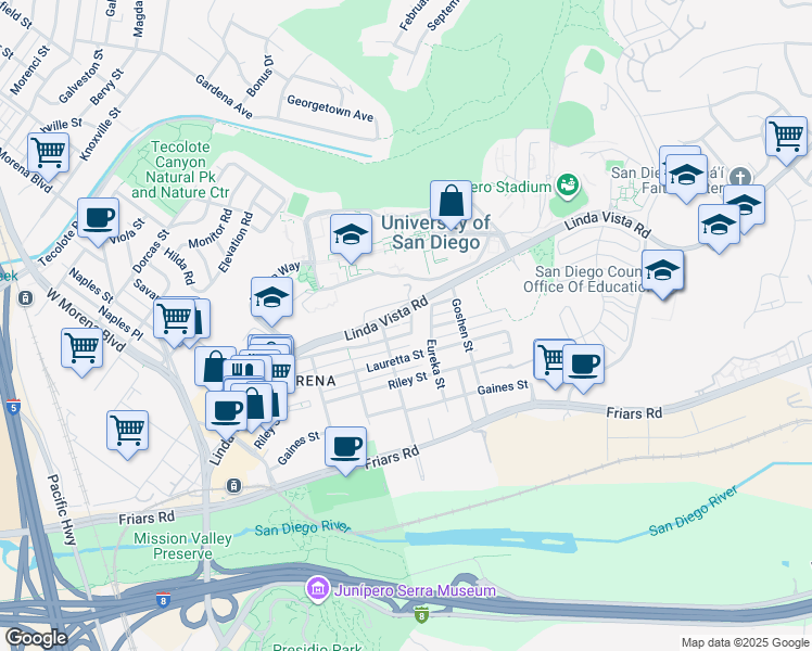 map of restaurants, bars, coffee shops, grocery stores, and more near 1304 Brunner Street in San Diego