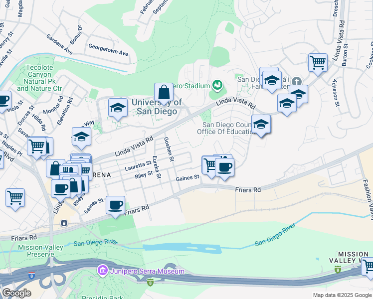map of restaurants, bars, coffee shops, grocery stores, and more near 5972 Lauretta Street in San Diego