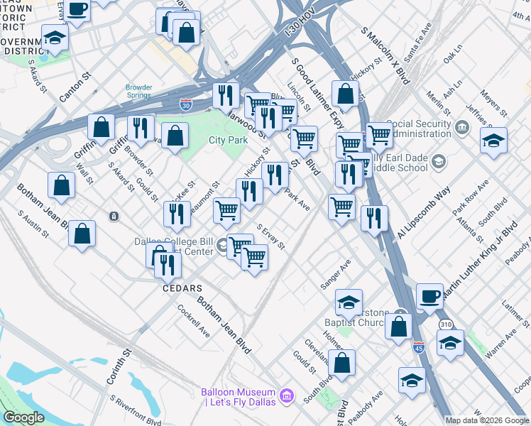 map of restaurants, bars, coffee shops, grocery stores, and more near 1722 Corinth Street in Dallas