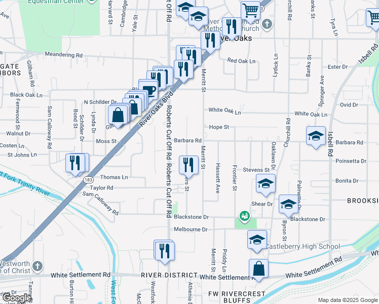 map of restaurants, bars, coffee shops, grocery stores, and more near 612 Winters Street in River Oaks