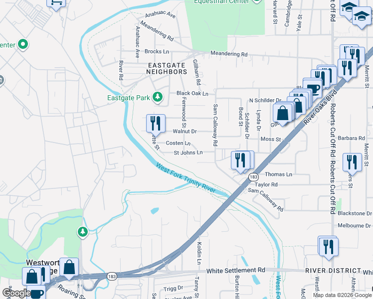 map of restaurants, bars, coffee shops, grocery stores, and more near 6100 Saint Johns Lane in Fort Worth