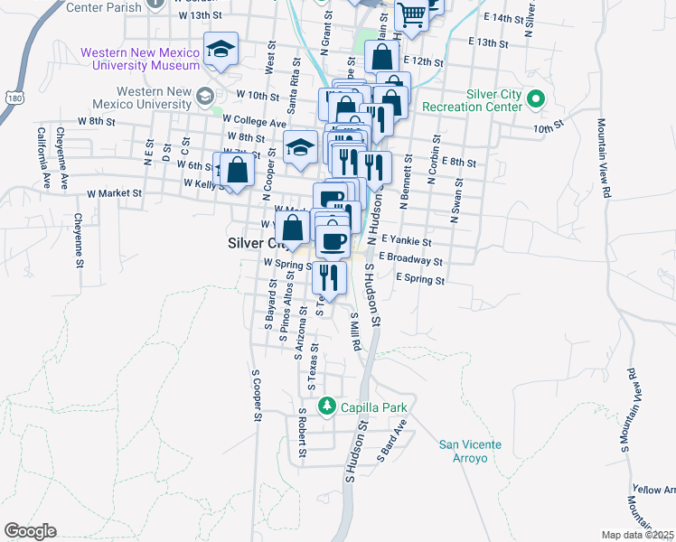 map of restaurants, bars, coffee shops, grocery stores, and more near 105 South Bullard Street in Silver City