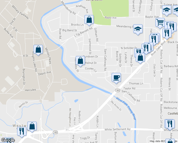 map of restaurants, bars, coffee shops, grocery stores, and more near 6100 Saint Johns Lane in Fort Worth