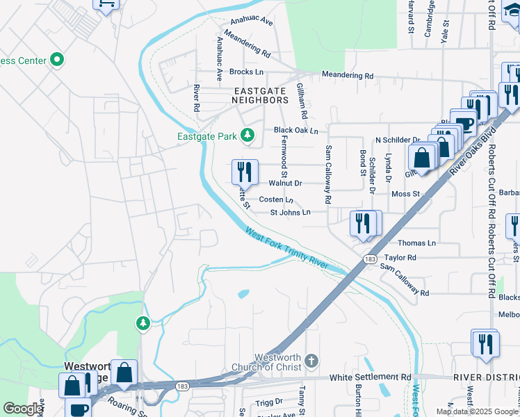 map of restaurants, bars, coffee shops, grocery stores, and more near 6124 Saint Johns Lane in Fort Worth