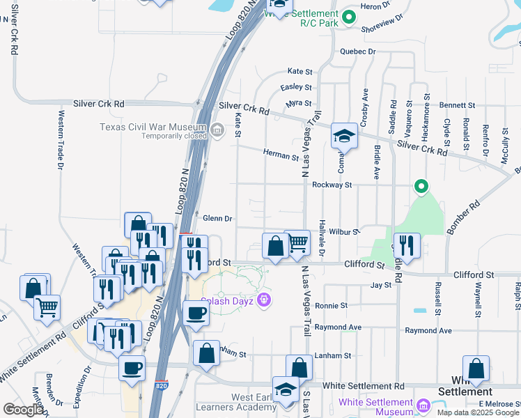 map of restaurants, bars, coffee shops, grocery stores, and more near 613 Easley Street in Fort Worth