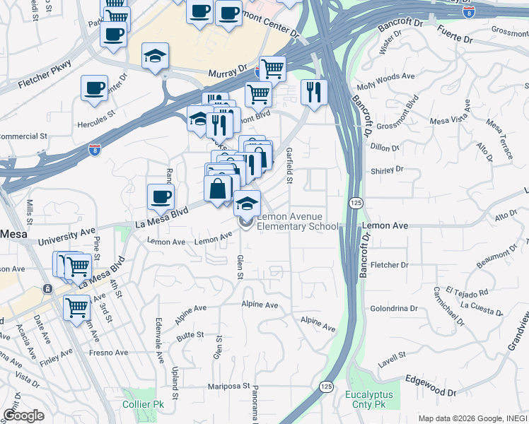 map of restaurants, bars, coffee shops, grocery stores, and more near 8838 Madison Avenue in La Mesa