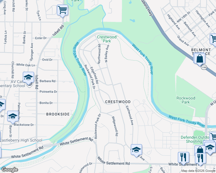 map of restaurants, bars, coffee shops, grocery stores, and more near 3703 Wildwood Road in Fort Worth
