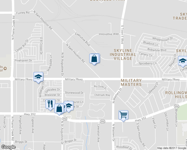 map of restaurants, bars, coffee shops, grocery stores, and more near 9909 Military Parkway in Dallas