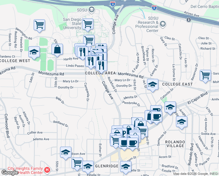 map of restaurants, bars, coffee shops, grocery stores, and more near 5020 College Avenue in San Diego