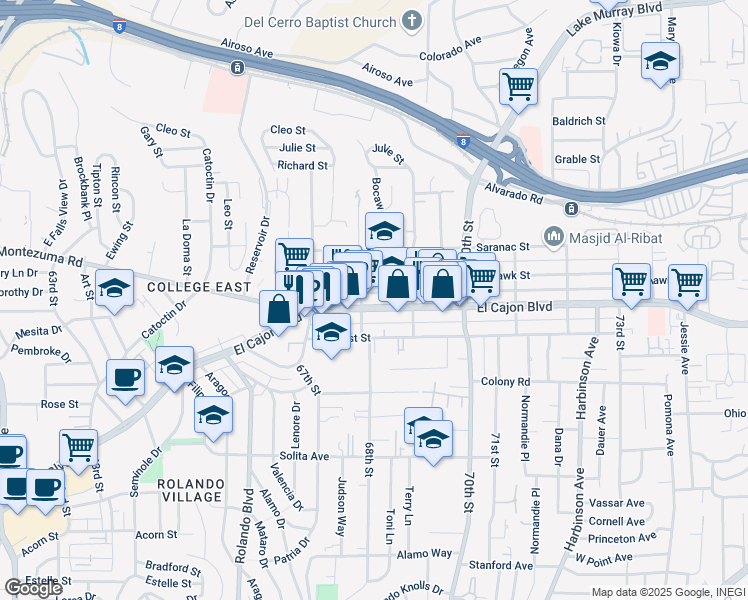 map of restaurants, bars, coffee shops, grocery stores, and more near 6818 El Cajon Boulevard in San Diego