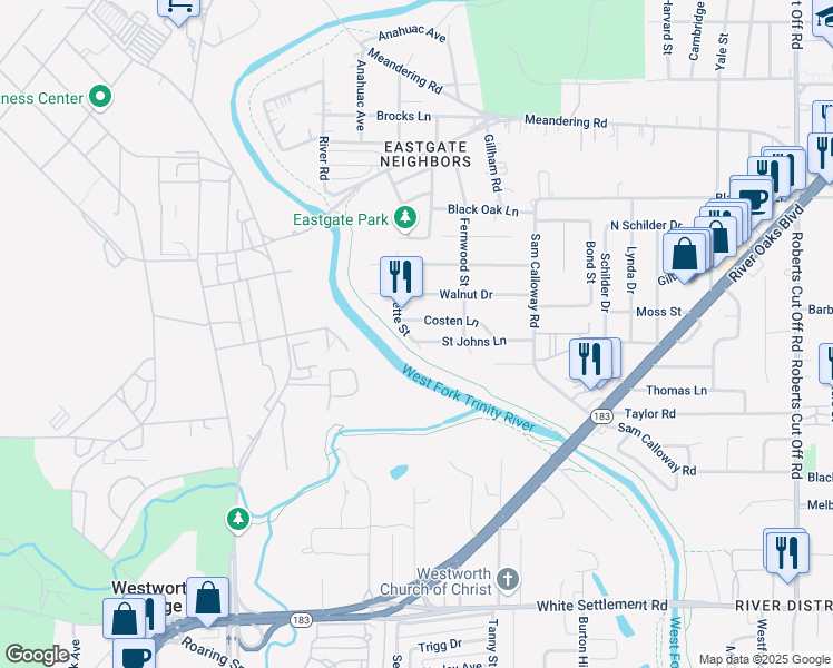 map of restaurants, bars, coffee shops, grocery stores, and more near 6124 Saint Johns Lane in Fort Worth