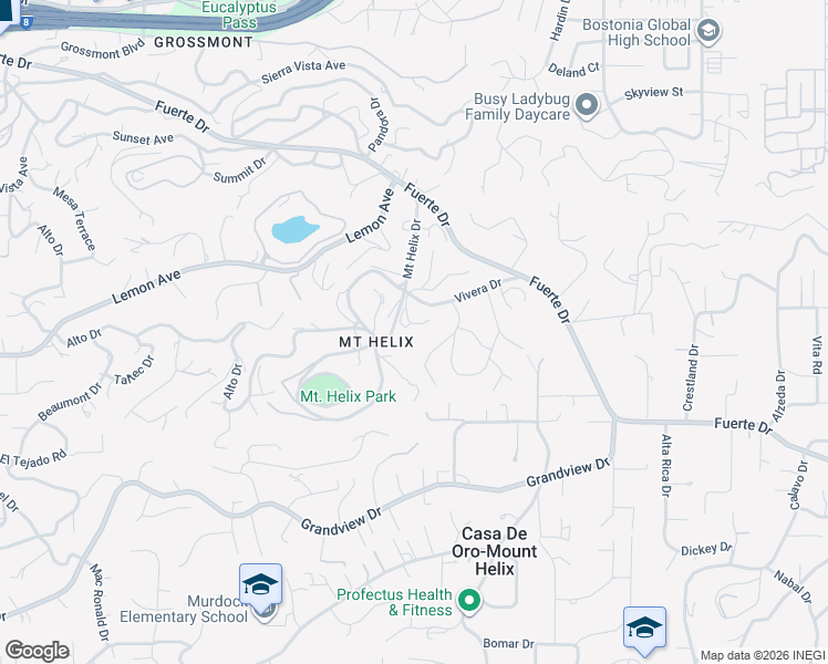map of restaurants, bars, coffee shops, grocery stores, and more near 10111 Pinnacle Lane in La Mesa