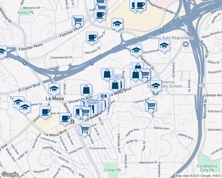 map of restaurants, bars, coffee shops, grocery stores, and more near 8461 Roach Dr in La Mesa