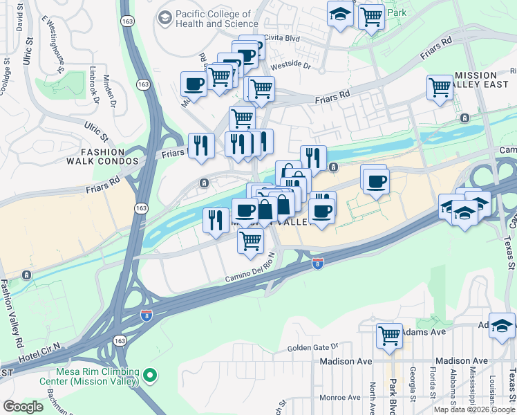 map of restaurants, bars, coffee shops, grocery stores, and more near 5180 Mission Center Road in San Diego