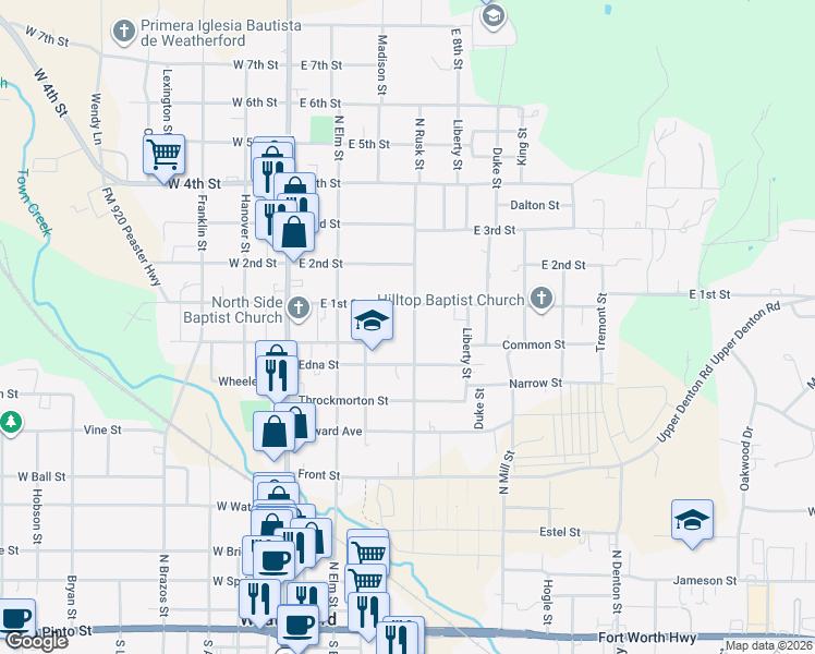 map of restaurants, bars, coffee shops, grocery stores, and more near 907 North Rusk Street in Weatherford