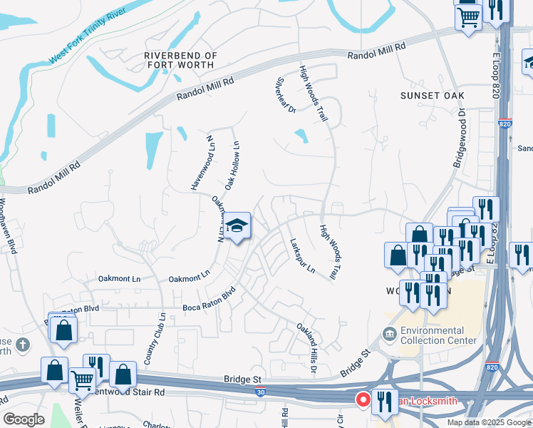 map of restaurants, bars, coffee shops, grocery stores, and more near 736 Oakwood Trail in Fort Worth