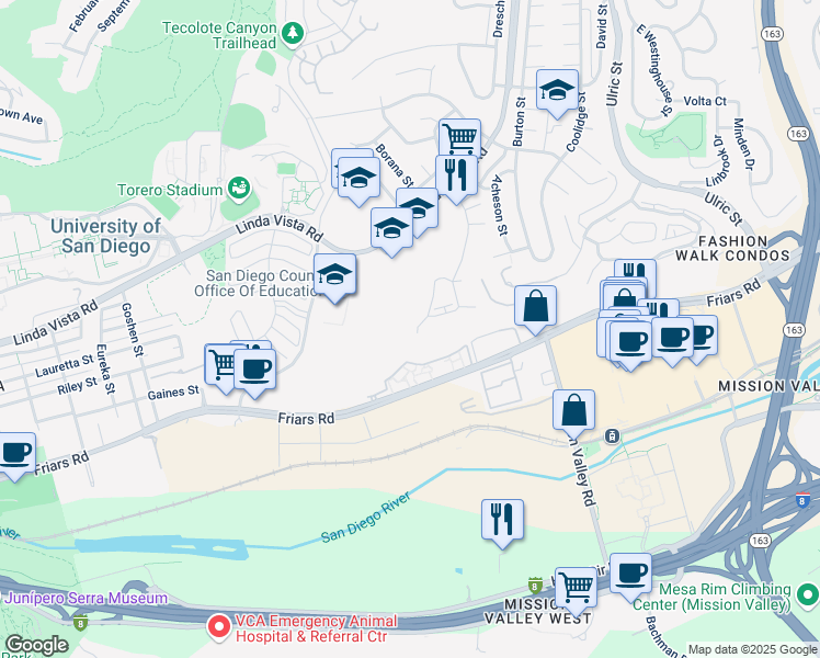 map of restaurants, bars, coffee shops, grocery stores, and more near 1270 River Vista Row in San Diego