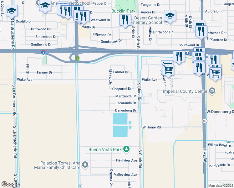 map of restaurants, bars, coffee shops, grocery stores, and more near 1102 Manzanita Drive in El Centro