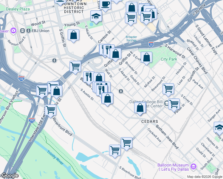 map of restaurants, bars, coffee shops, grocery stores, and more near 1001 Belleview Street in Dallas