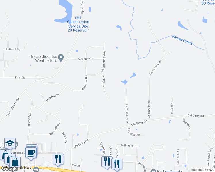 map of restaurants, bars, coffee shops, grocery stores, and more near 117 Ashley Lane in Weatherford
