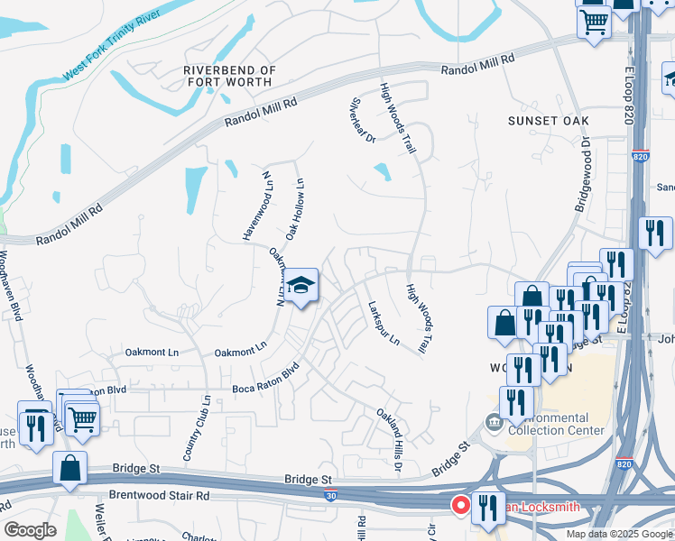 map of restaurants, bars, coffee shops, grocery stores, and more near 736 Oakwood Trail in Fort Worth