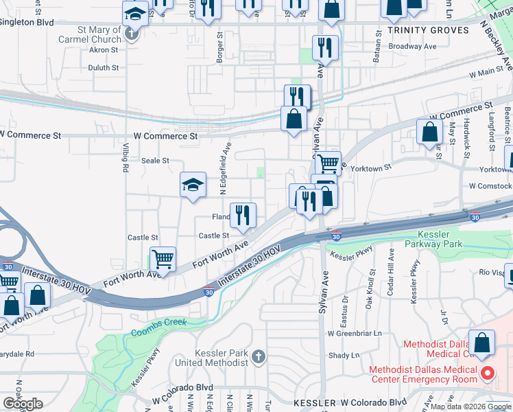 map of restaurants, bars, coffee shops, grocery stores, and more near 1814 North Winnetka Avenue in Dallas