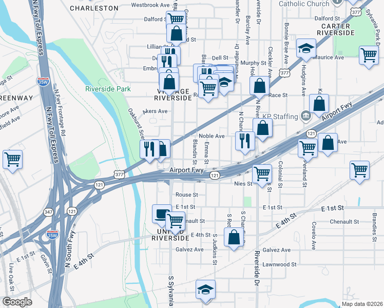 map of restaurants, bars, coffee shops, grocery stores, and more near 308 Blandin Street in Fort Worth